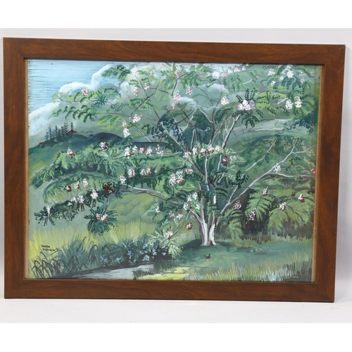 1021 - Rhoda Jackson (Jamaican artist), blossom tree, gouache, signed, 45cm x 58cm, framed