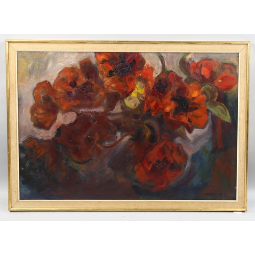 1022 - Roland Jarvis (1927 - 2016), expressionist floral still life, oil on board, signed and dated 1962, 6... 