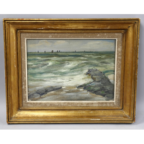 1025 - Henri Meuwis (Belgian 1870-1935), Seascape, oil on board, 23cm x 33cm, signed MEUWIS lower right, fr... 