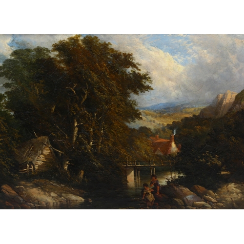 702 - 19th century English School, figures beside a river, oil on canvas, unsigned, 36cm x 51cm, framed