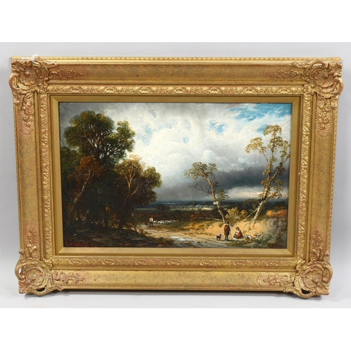 703 - R F Mae (19th century English School), figures in storm-swept rural landscape, oil canvas laid on bo... 