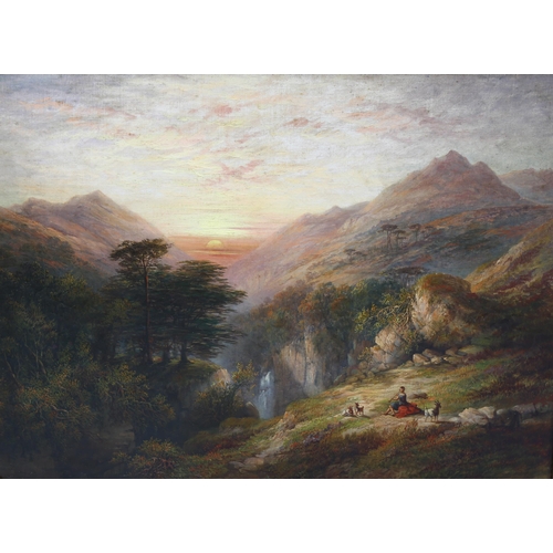 705 - 19th century oil on canvas, extensive sunset mountain landscape with goat herd playing pipes, unsign... 