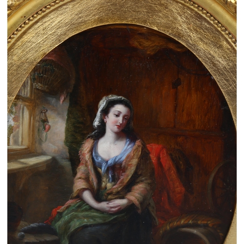 707 - 19th century oil on panel, woman in cottage interior, unsigned, 24cm x 19cm, framed