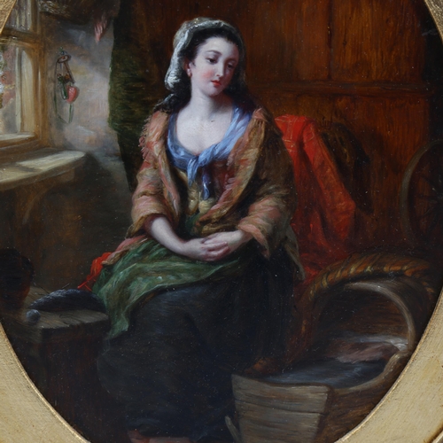 707 - 19th century oil on panel, woman in cottage interior, unsigned, 24cm x 19cm, framed