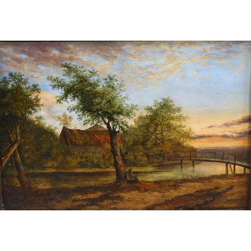 709 - 19th century oil on canvas, fisherman on a riverbank at sunset, unsigned, 17.5cm x 25cm, framed