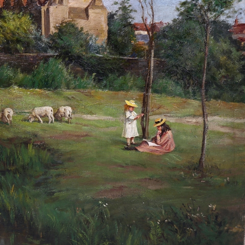 711 - Pair of 19th century oils on canvas, children fishing, and children near a country house, signed wit... 