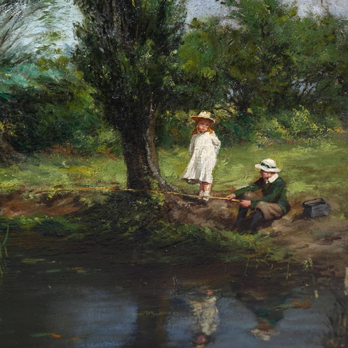 711 - Pair of 19th century oils on canvas, children fishing, and children near a country house, signed wit... 