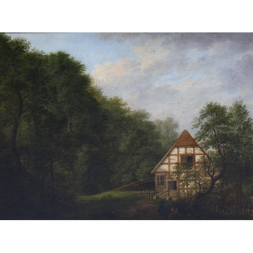 713 - 19th century oil on canvas, detailed study, figures outside a time framed woodland cottage, unsigned... 