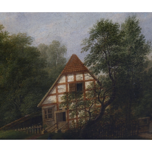 713 - 19th century oil on canvas, detailed study, figures outside a time framed woodland cottage, unsigned... 