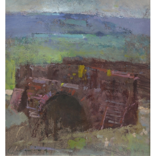 714 - Fred Cuming (1930 - 2022), the bridge, oil on board, signed, 20cm x 19cm, framed and glazed