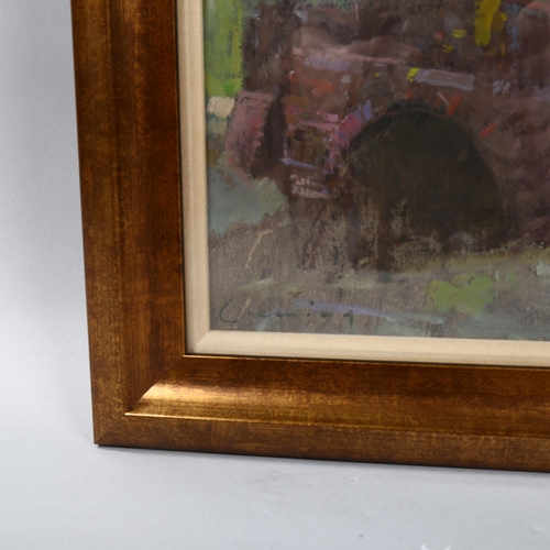 714 - Fred Cuming (1930 - 2022), the bridge, oil on board, signed, 20cm x 19cm, framed and glazed