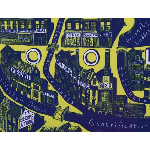 717 - Grayson Perry, framed section of Gentrification cloth, fabric 19 x 14.5cm, framed