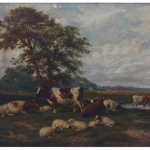 718 - Thomas Sidney Cooper (1803 - 1902), cattle and sheep in extensive landscape, oil on board, signed, 4... 