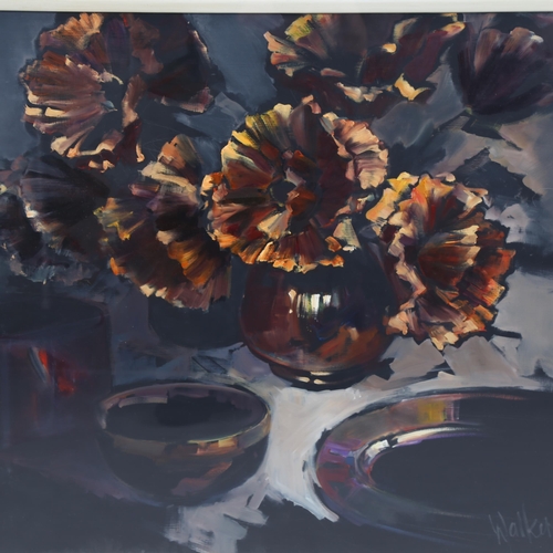 719 - Ethel Walker (born 1941), coppery poppies, oil on board, signed, 56cm x 64cm, framed and glazed