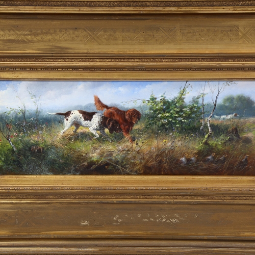 720 - Heinemann, Gundogs and quail, oil on wood panel, signed with original label verso, 13cm x 35cm, fram... 