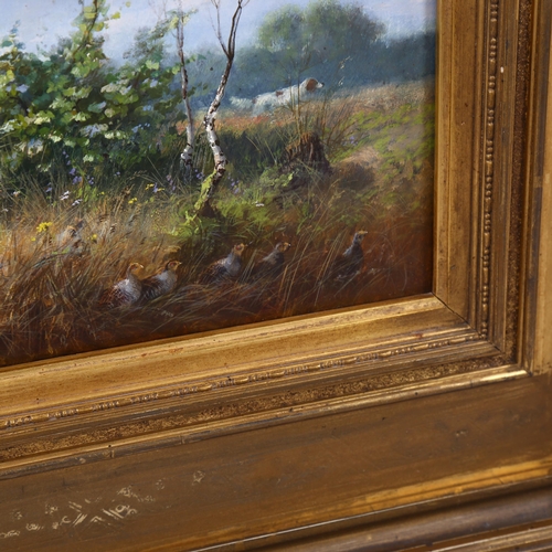 720 - Heinemann, Gundogs and quail, oil on wood panel, signed with original label verso, 13cm x 35cm, fram... 