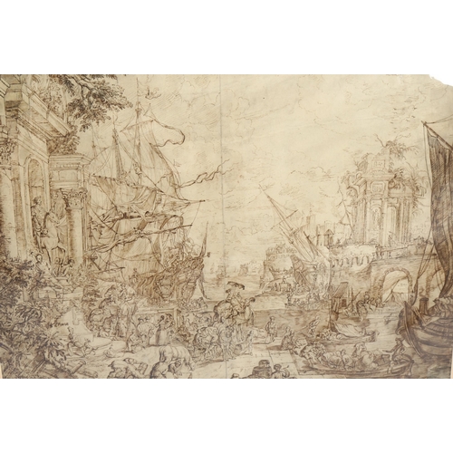 723 - Circle of Johannes Lingelbach, busy Italianate harbour scene, 17th/18th century, brown ink/black cha... 