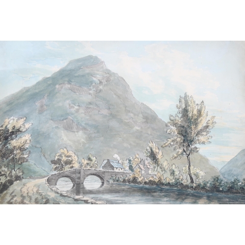 724 - 2 x 19th century watercolours, mountain scene, 32cm x 46cm, and Italian lake scene, 34cm x 50cm, mou... 