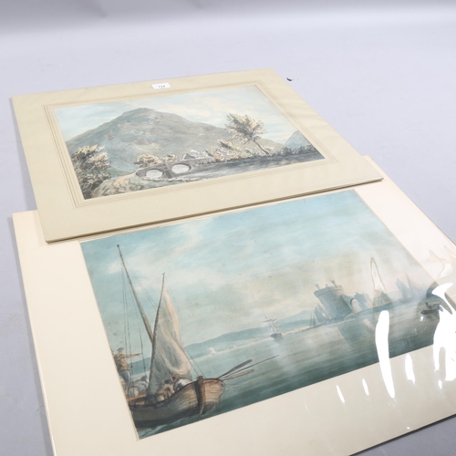 724 - 2 x 19th century watercolours, mountain scene, 32cm x 46cm, and Italian lake scene, 34cm x 50cm, mou... 