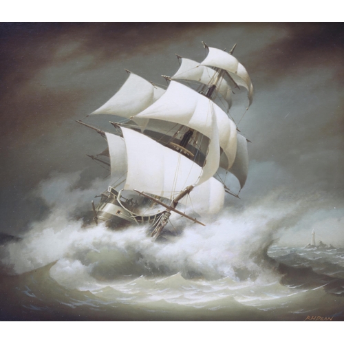 727 - R H Dean, tall ship in a storm, contemporary oil on canvas, signed, 41cm x 50cm, framed