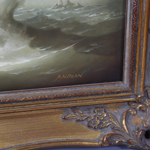 727 - R H Dean, tall ship in a storm, contemporary oil on canvas, signed, 41cm x 50cm, framed