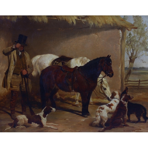 729 - Henry Hall (circa 1820 - circa 1890), gamekeeper ponies and hounds in the farmyard, oil on canvas, s... 