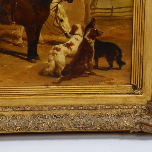 729 - Henry Hall (circa 1820 - circa 1890), gamekeeper ponies and hounds in the farmyard, oil on canvas, s... 