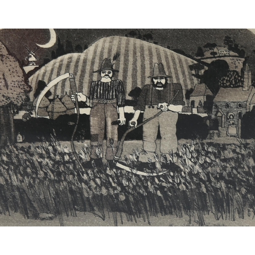 732 - Graham Clarke (born 1941), the haymakers, 34cm x 53cm, 41/100, and mowers (artist's proof), 13cm x  ... 