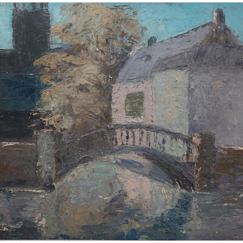 735 - J Kaposvari-Lampis, mill house and bridge, oil on board, signed, 35cm x 43cm, framed