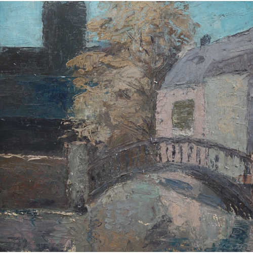 735 - J Kaposvari-Lampis, mill house and bridge, oil on board, signed, 35cm x 43cm, framed