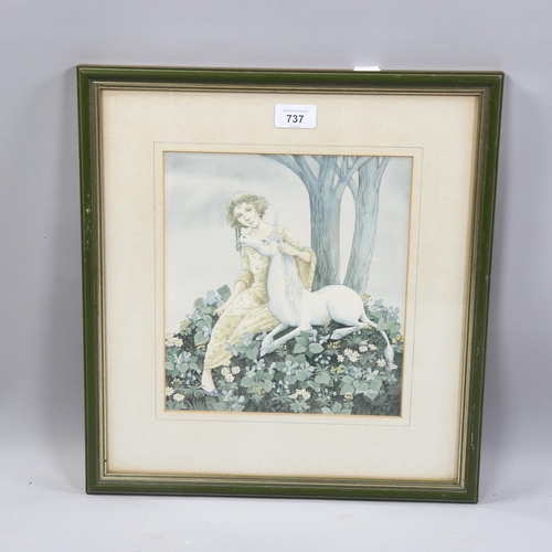 737 - Jenny Press, girl with a unicorn, watercolour, signed and dated 1988, 25cm x 23cm, framed