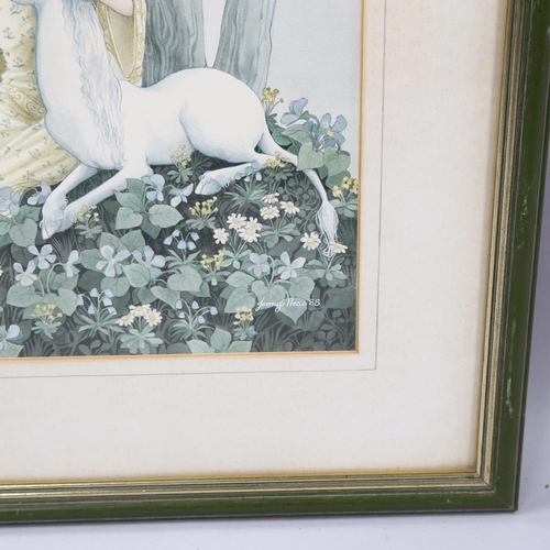 737 - Jenny Press, girl with a unicorn, watercolour, signed and dated 1988, 25cm x 23cm, framed