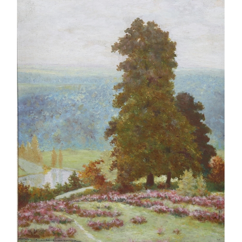 740 - M Le Blonde, extensive landscape, oil on board, signed, 46cm x 38cm, framed