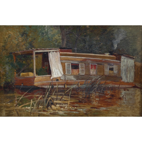 747 - Paul Ellis (active 1882 - 1908), a moored barge, oil on canvas, 20cm x 30cm, framed