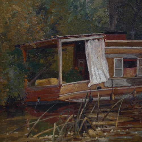 747 - Paul Ellis (active 1882 - 1908), a moored barge, oil on canvas, 20cm x 30cm, framed