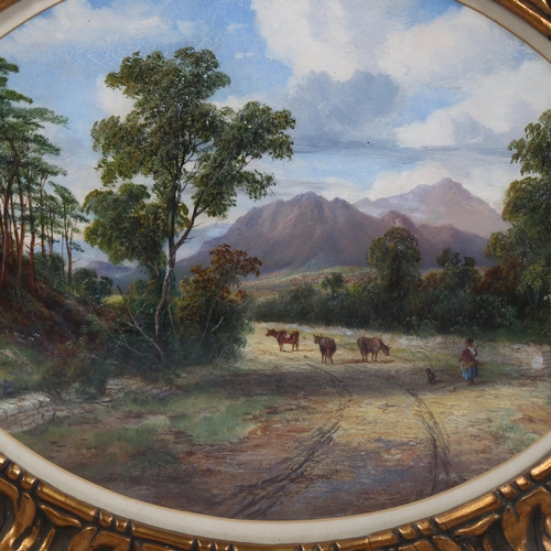 749 - 19th century oval oil on board, cattle in landscape, unsigned, 35cm x 45cm, framed and glazed