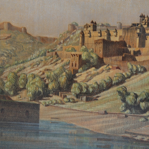 753 - C J Parker, Amber Fort, Jaipur India, mixed media on paper, inscribed verso, 37cm x 55cm, framed