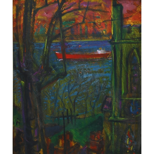 755 - Sven Berlin (1911 - 2000), the red tanker, oil on board, signed and dated '73, 61cm x 51cm, framed