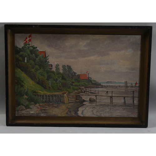 760 - 20th century Danish School, figure overlooking a jetty, signed with monogram and dated 1937, 33cm x ... 