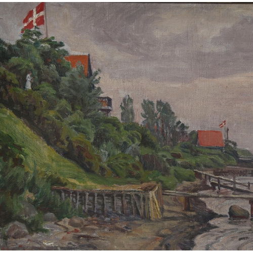 760 - 20th century Danish School, figure overlooking a jetty, signed with monogram and dated 1937, 33cm x ... 