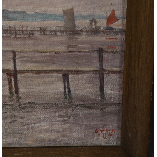 760 - 20th century Danish School, figure overlooking a jetty, signed with monogram and dated 1937, 33cm x ... 