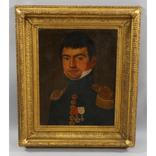 762 - Early 19th century French School, portrait of a decorated officer, oil on canvas, indistinctly signe... 