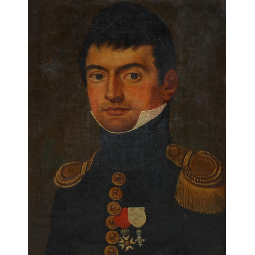 762 - Early 19th century French School, portrait of a decorated officer, oil on canvas, indistinctly signe... 