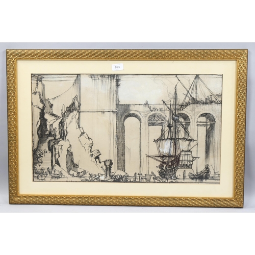 763 - Sir Frank Brangwyn (1867 - 1956), The Bridge of Empire, ink/charcoal on paper, 37cm x 64cm, framed