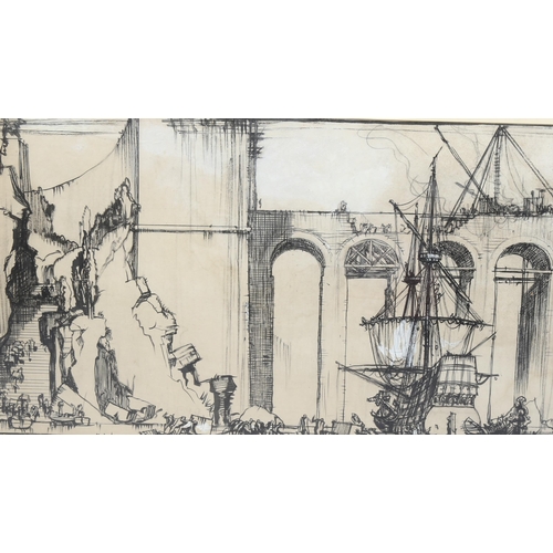 763 - Sir Frank Brangwyn (1867 - 1956), The Bridge of Empire, ink/charcoal on paper, 37cm x 64cm, framed