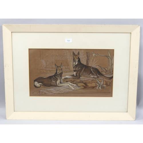 764 - C J Parker, portrait of 2 Alsatians, charcoal/chalk on brown paper, signed and dated '39, 28cm x 48c... 