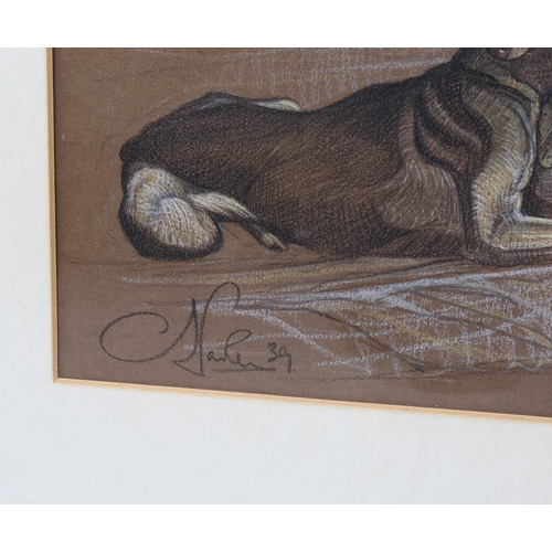 764 - C J Parker, portrait of 2 Alsatians, charcoal/chalk on brown paper, signed and dated '39, 28cm x 48c... 