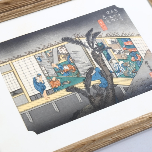 765 - Hiroshige, 4 Japanese woodblock prints from the 53 Stations of Tokaido, 13cm x 18.5cm, framed