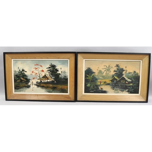 767 - Kihoa (Vietnamese artist), pair of river scenes, oils on canvas, signed, 30cm x 50cm, framed