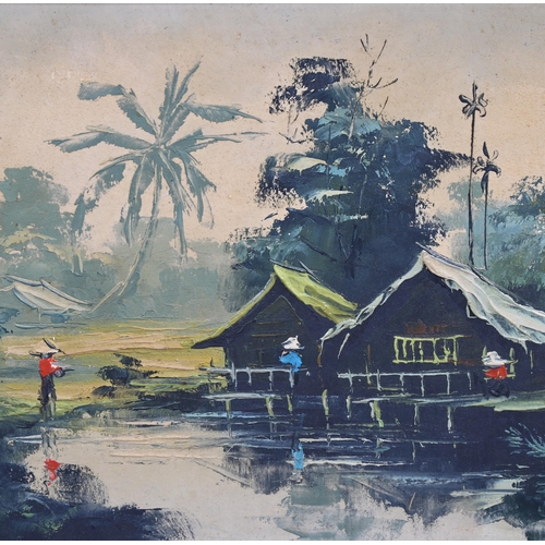 767 - Kihoa (Vietnamese artist), pair of river scenes, oils on canvas, signed, 30cm x 50cm, framed